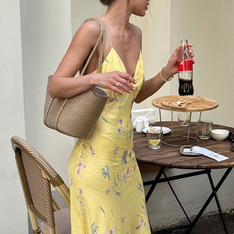 Yellow Sleeveless Cold-shoulder High Waist Deep V Print Dress